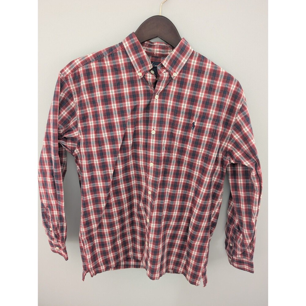 Ralph Lauren Button Down Shirt Men L Red Blue Plaid Tartan Cotton Long Sleeve
